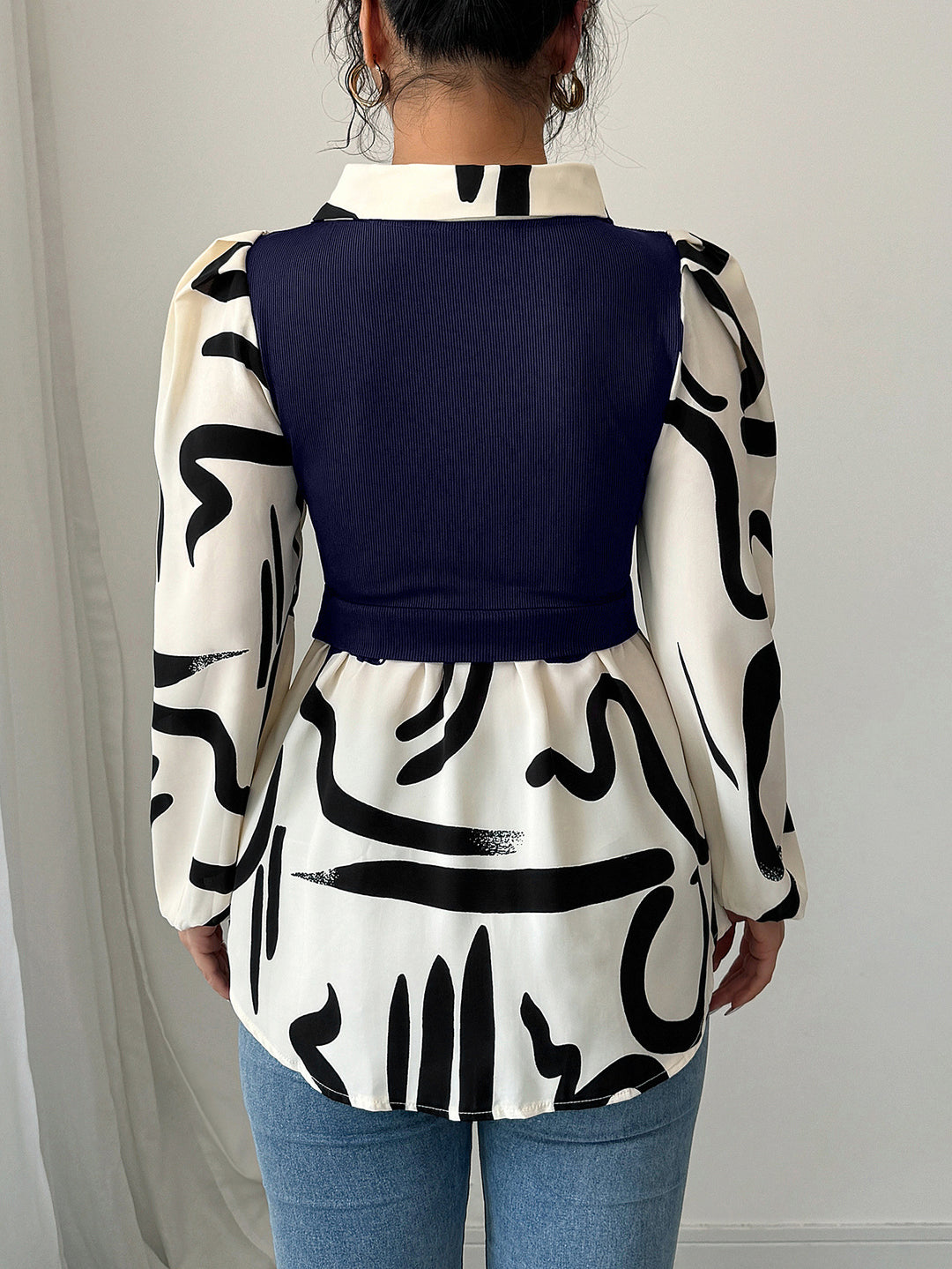 Navy Blue Printed Contrast Full Sleeved Top