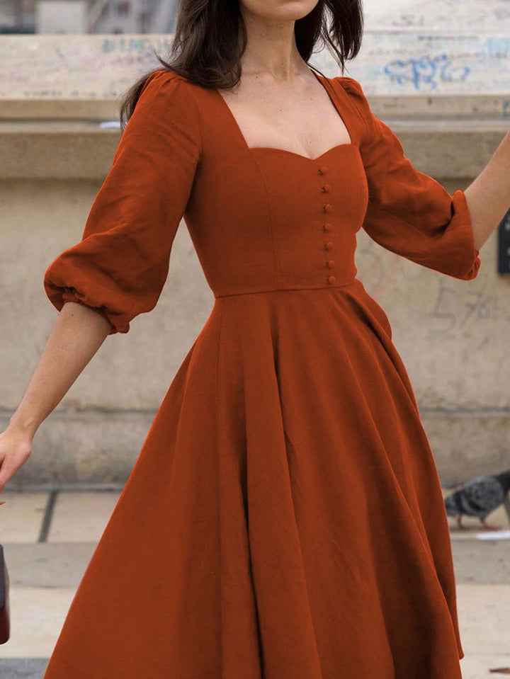 Brown Bishop Sleeve Sweetheart Neck Dress