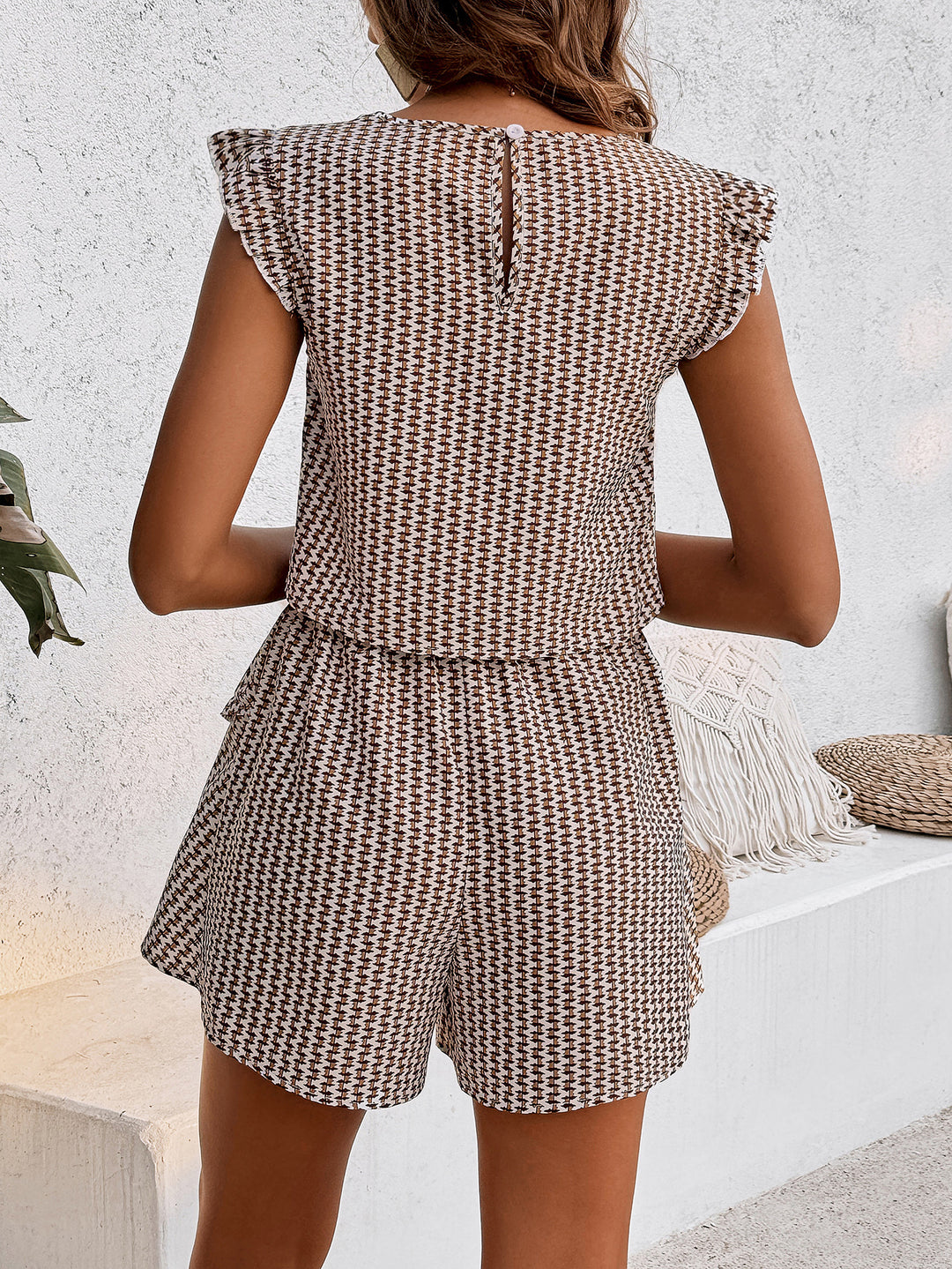 Beige Crew Neck Ruffle Sleeve Romper