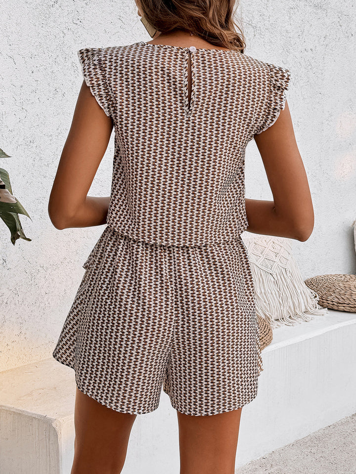 Beige Crew Neck Ruffle Sleeve Romper