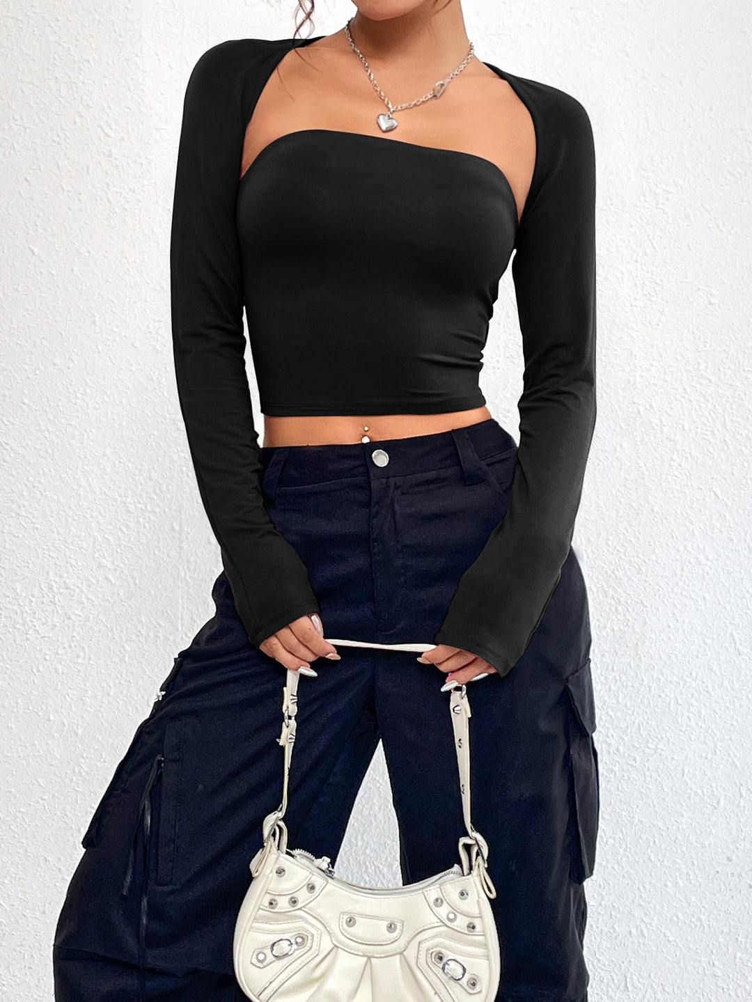 Black Scoop Sweetheart Neckline Fitted Overlay Style Top