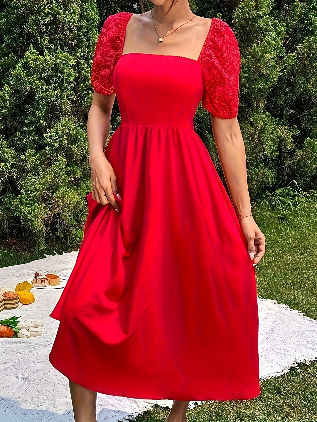 Red Square Neck Puff Sleeved Dress