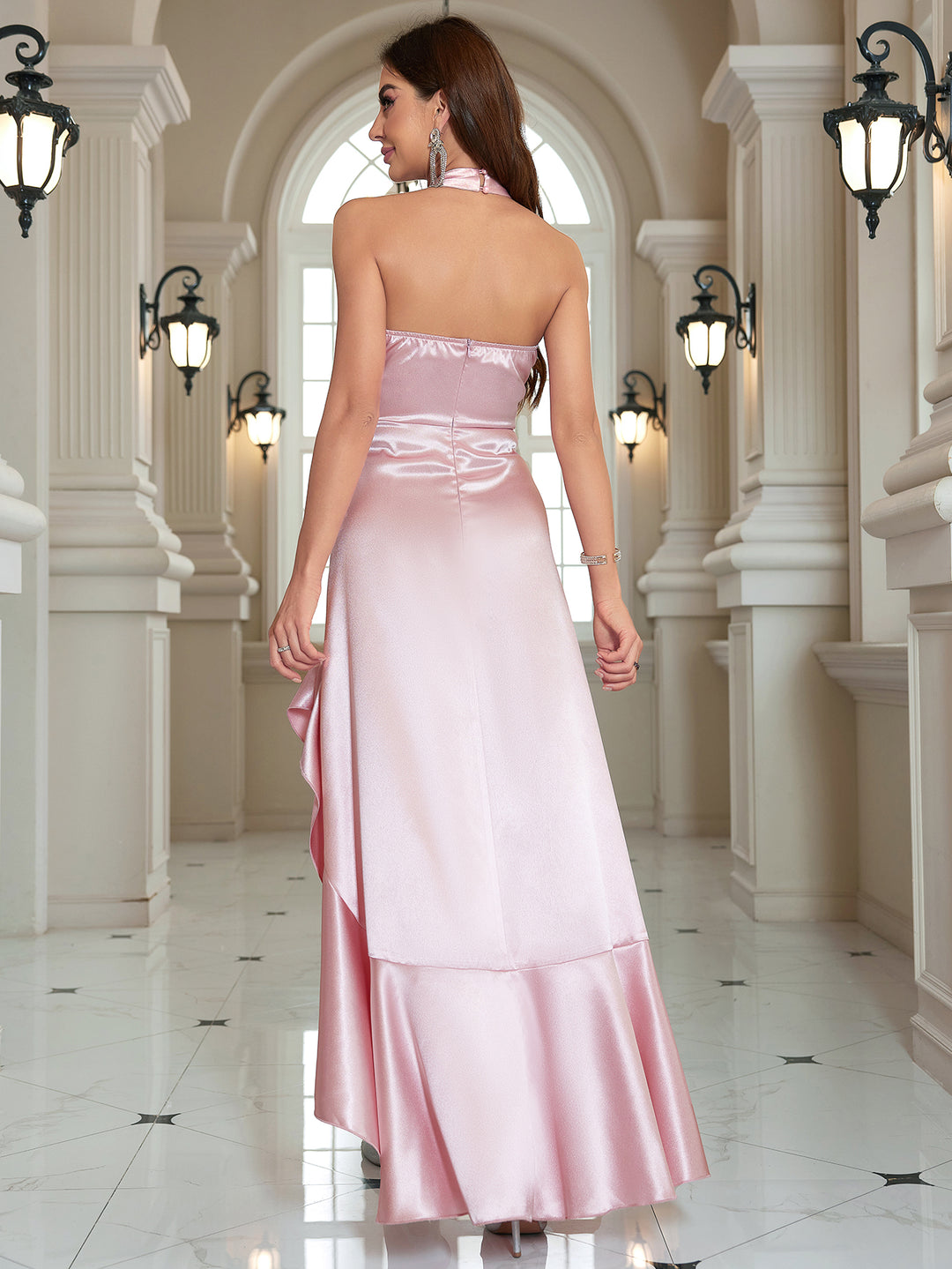 Pink Halter Neck Ruffle Hem Dress