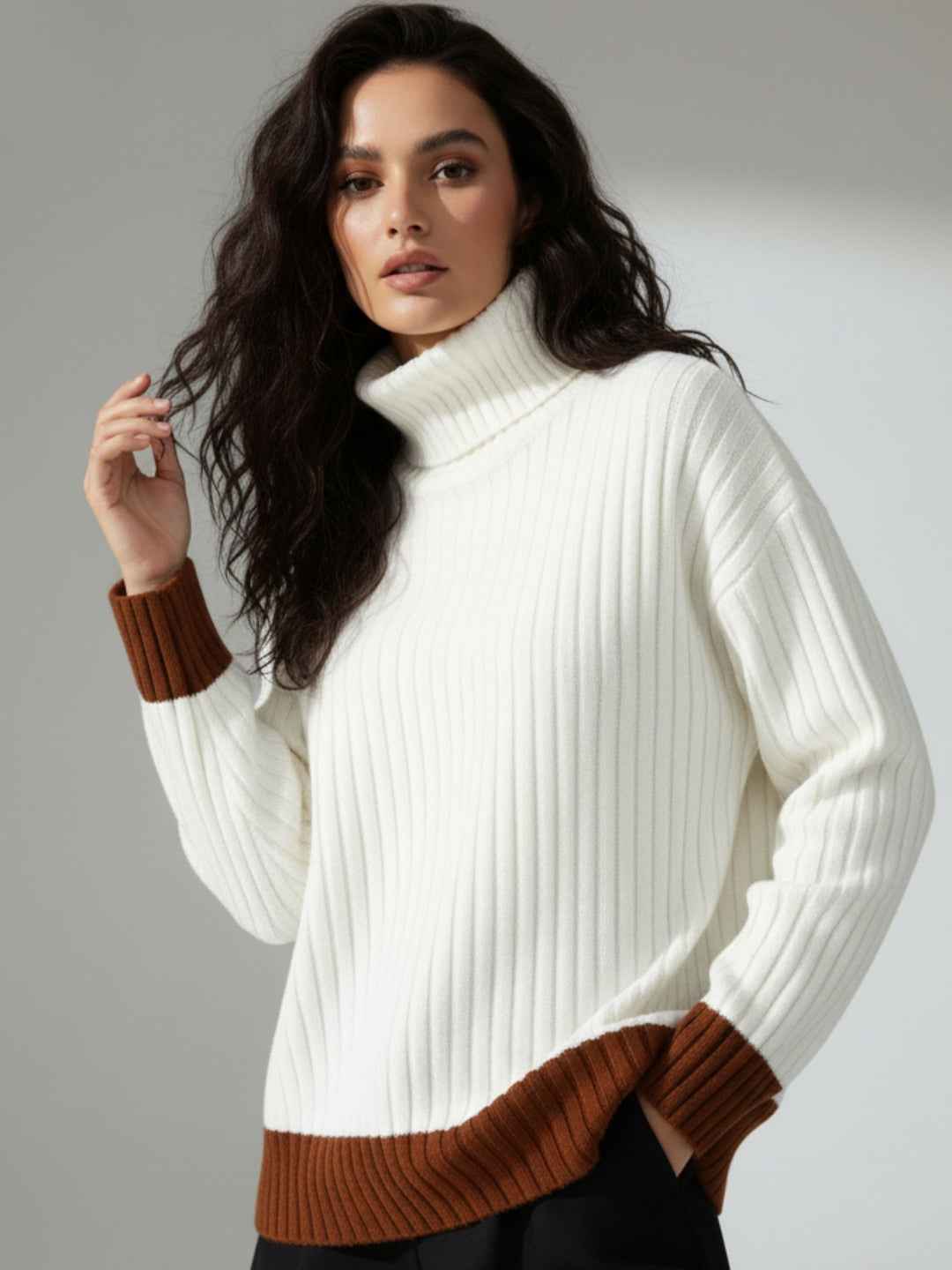 Off White Full Sleeve Turtle Neck Contrast Hem Slouchy Sweater