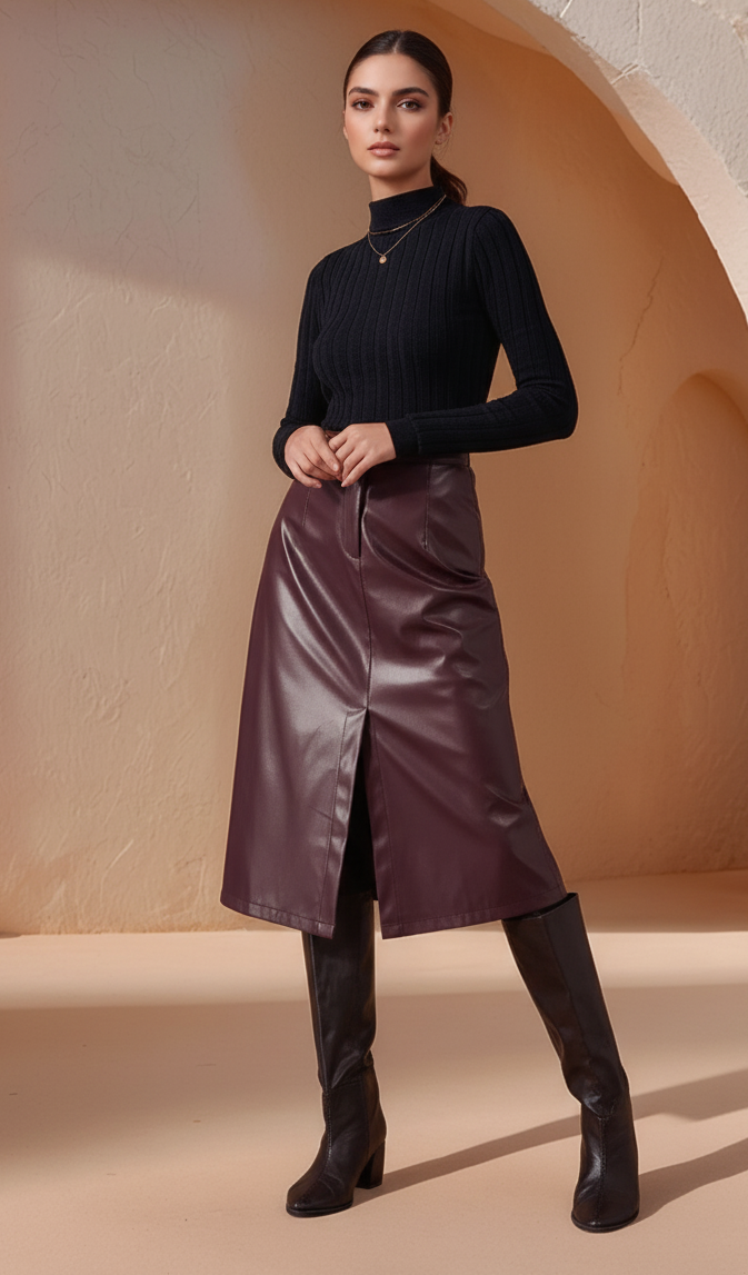 Maroon High Waist Front Buttoned Pu Skirt