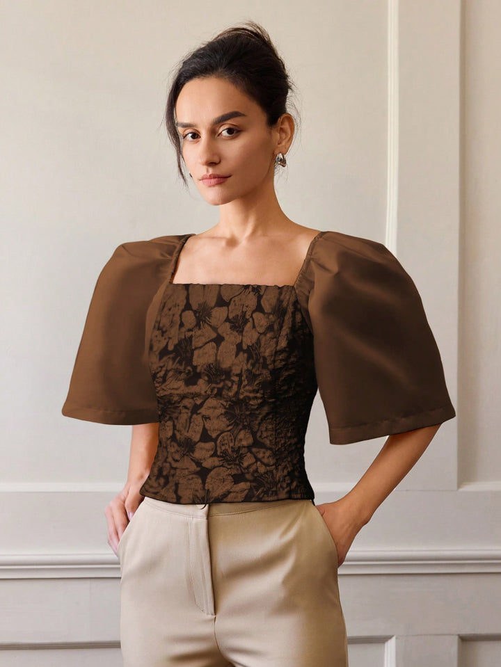 Brown Floral Textured Fitted Top