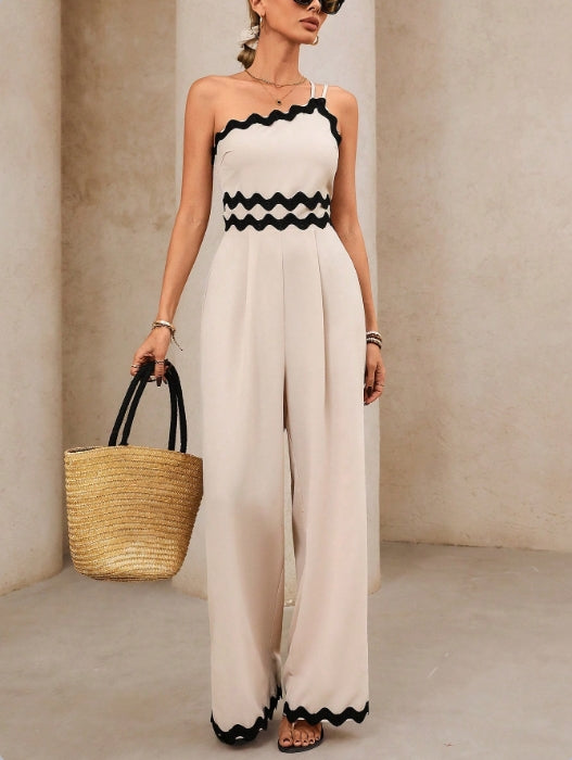 Beige One Shoulder Jumpsuit With Ric Rac Lace Highlighting