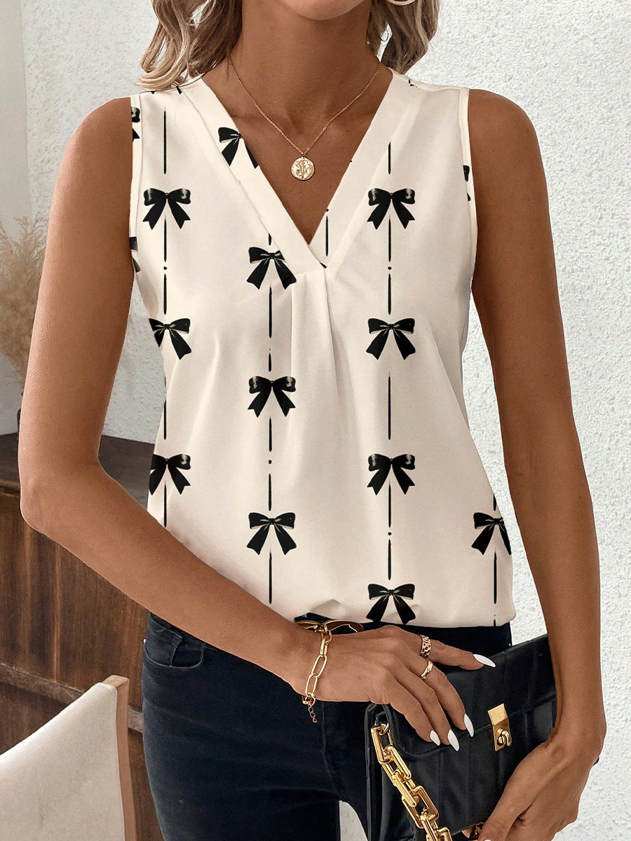 Cream Printed V Neck Tank