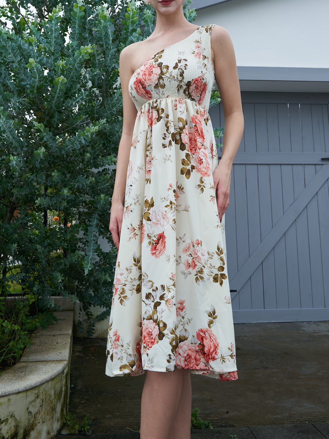 Beige One Shoulder Floral Midi Dress