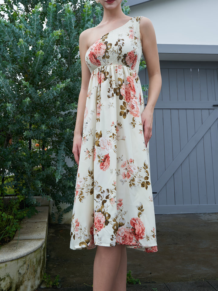 Beige One Shoulder Floral Midi Dress