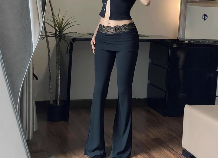 Black Solid Flared Trouser With Lace Detailing