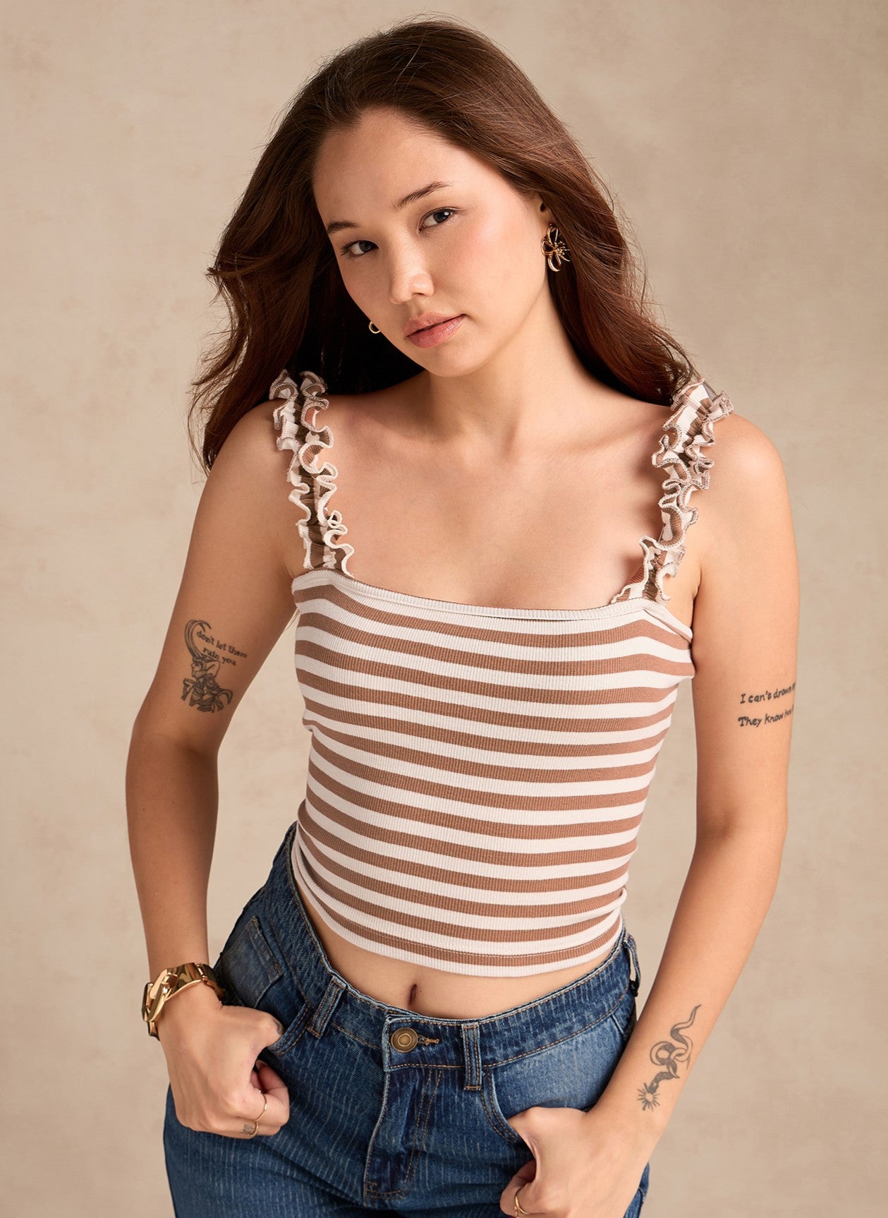 Brown Striped Rib Tank Top With Ruffle Straps