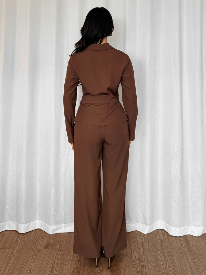 Brown Full Sleeve Wrap Shirt And Pant Set