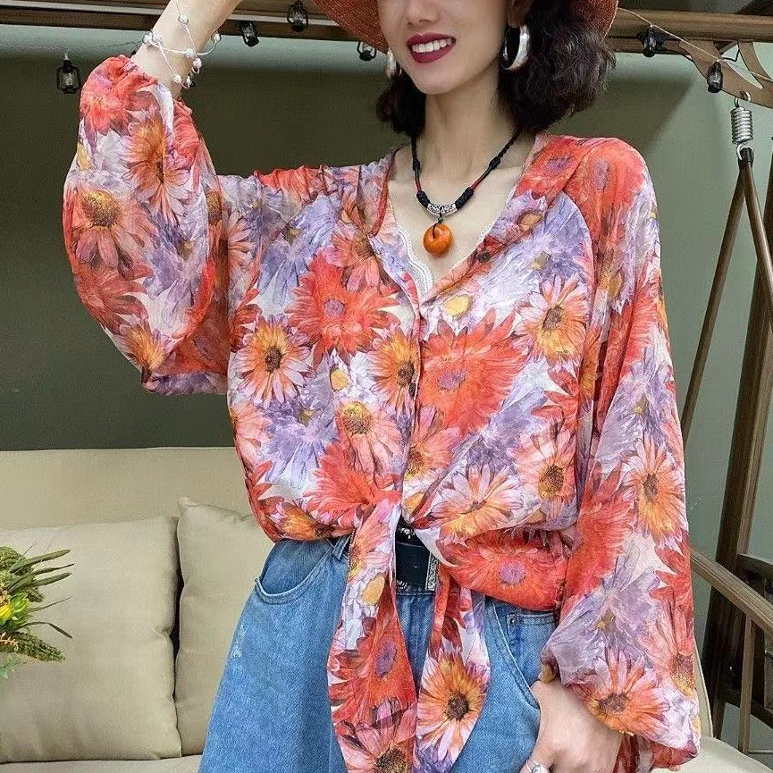 Orange Printed Tie Up Shirt