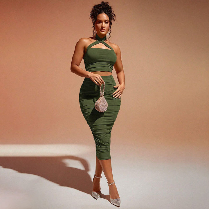 Olive Cross Over Halter Neck Ruched Top & Skirt Set