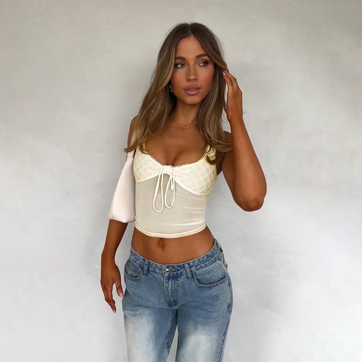 Apricot Lace And Mesh Mix Match Fitted Top