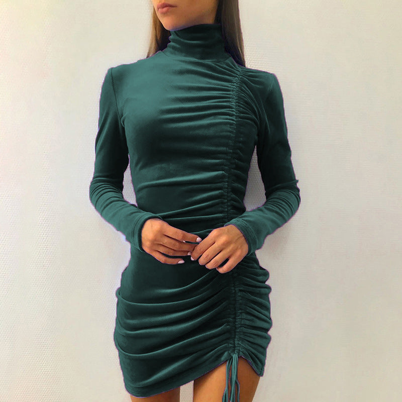 Green Side Ruched High Neck Mini Dress