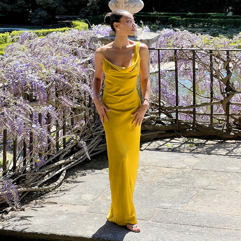 Yellow Flared cowl solid dress