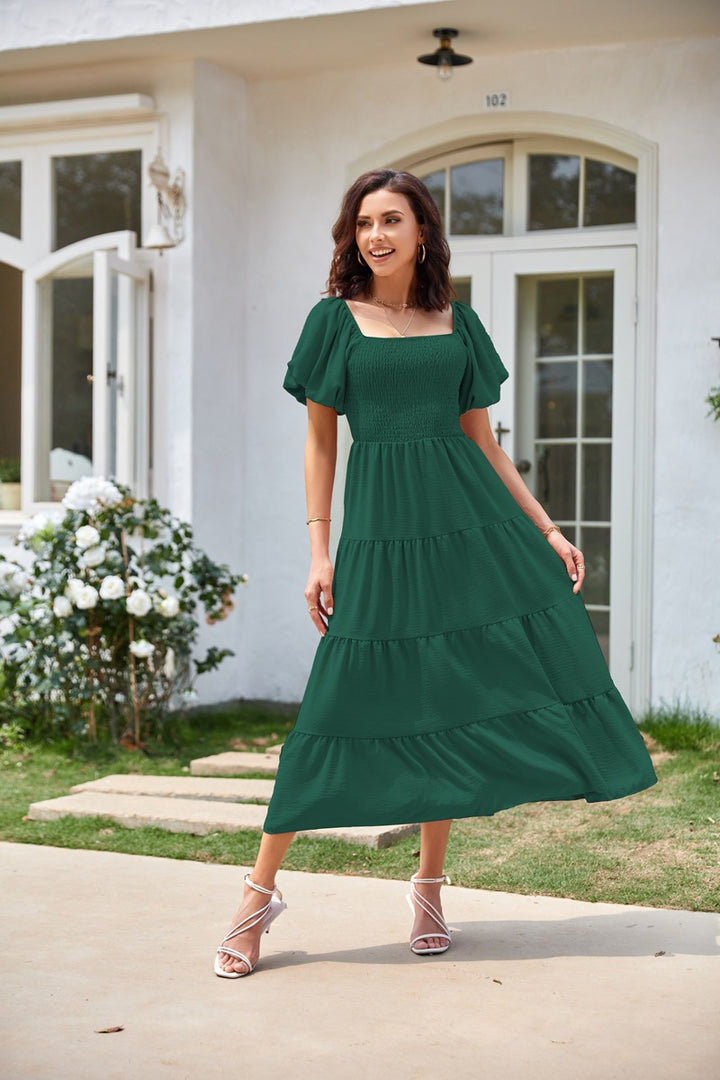 Green Square Neck Puff Sleeved Tiered Dress