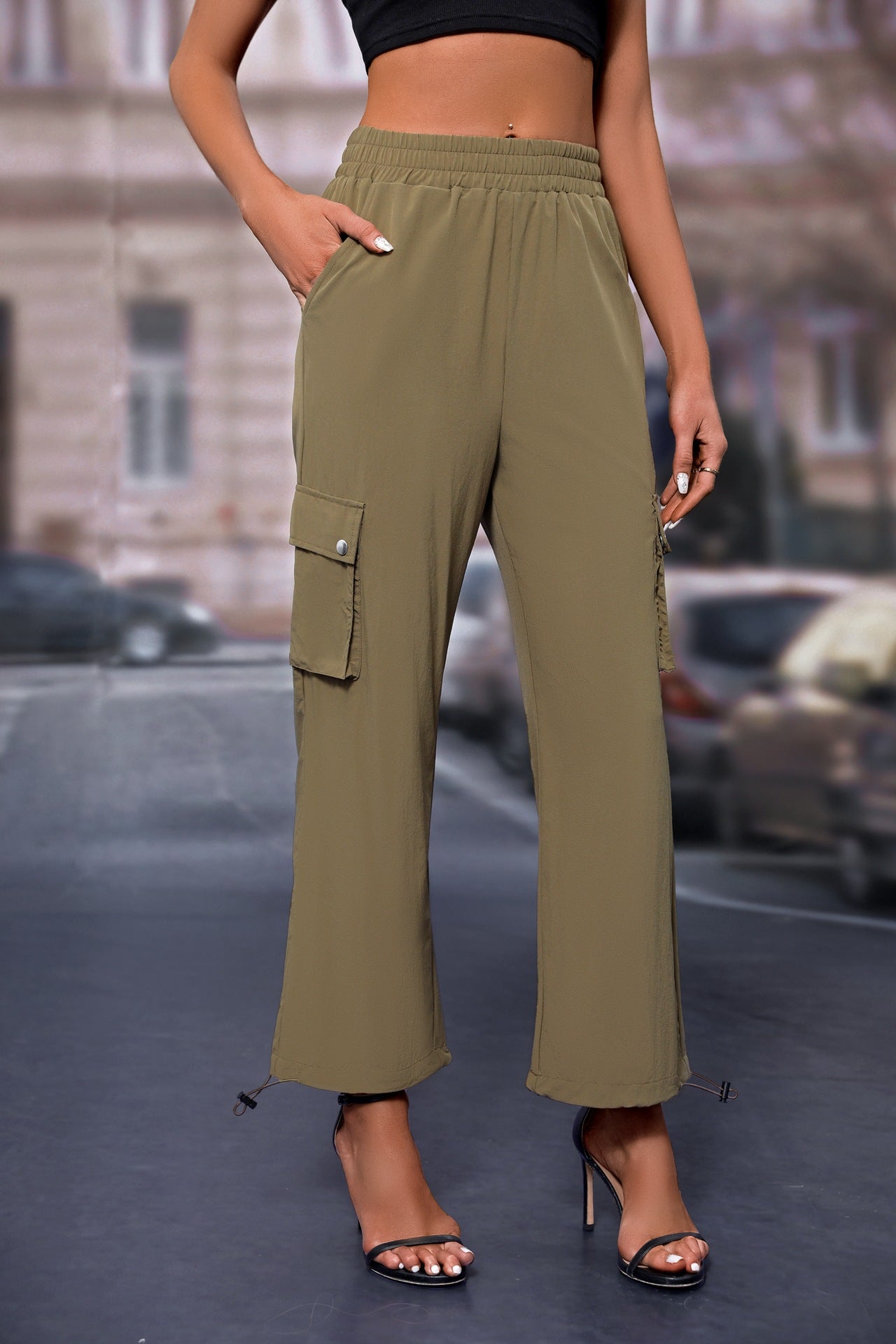 Olive Elasticated Parachute Cargo Sweatpants