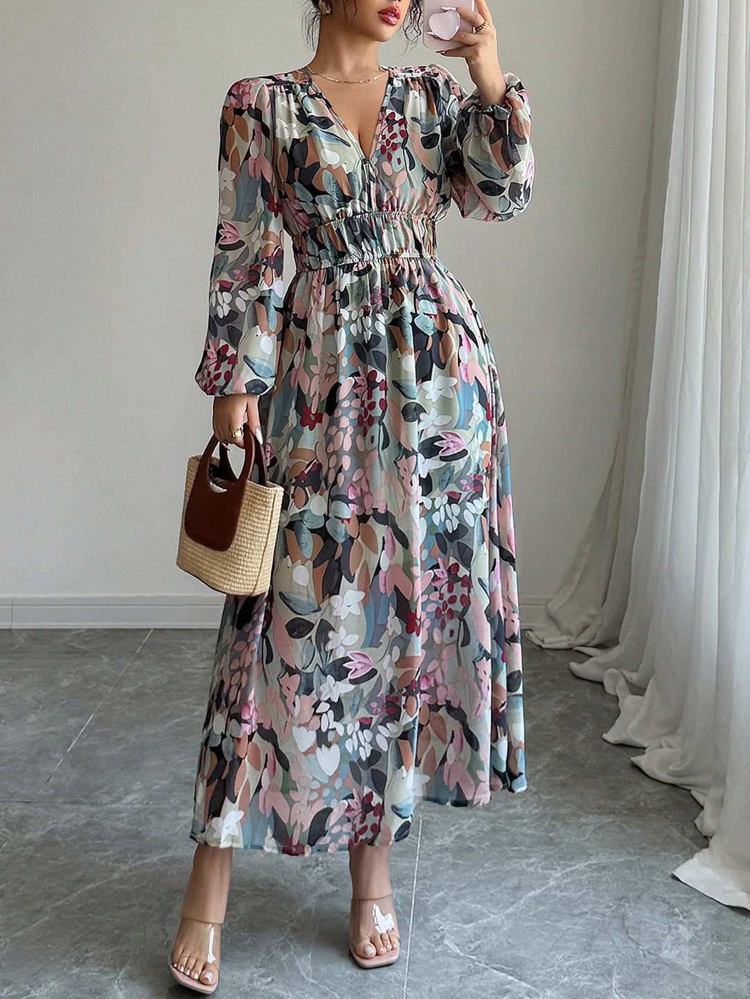 Green Plunge Neck Printed Maxi Dress
