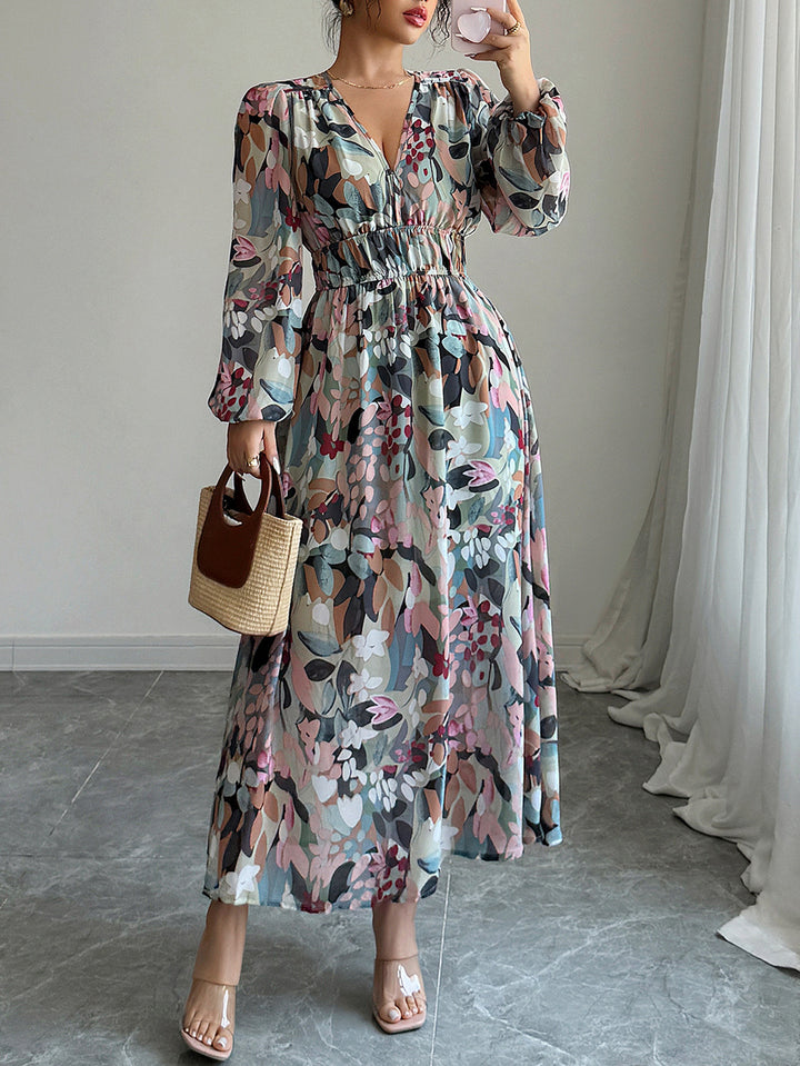 Green Plunge Neck Printed Maxi Dress