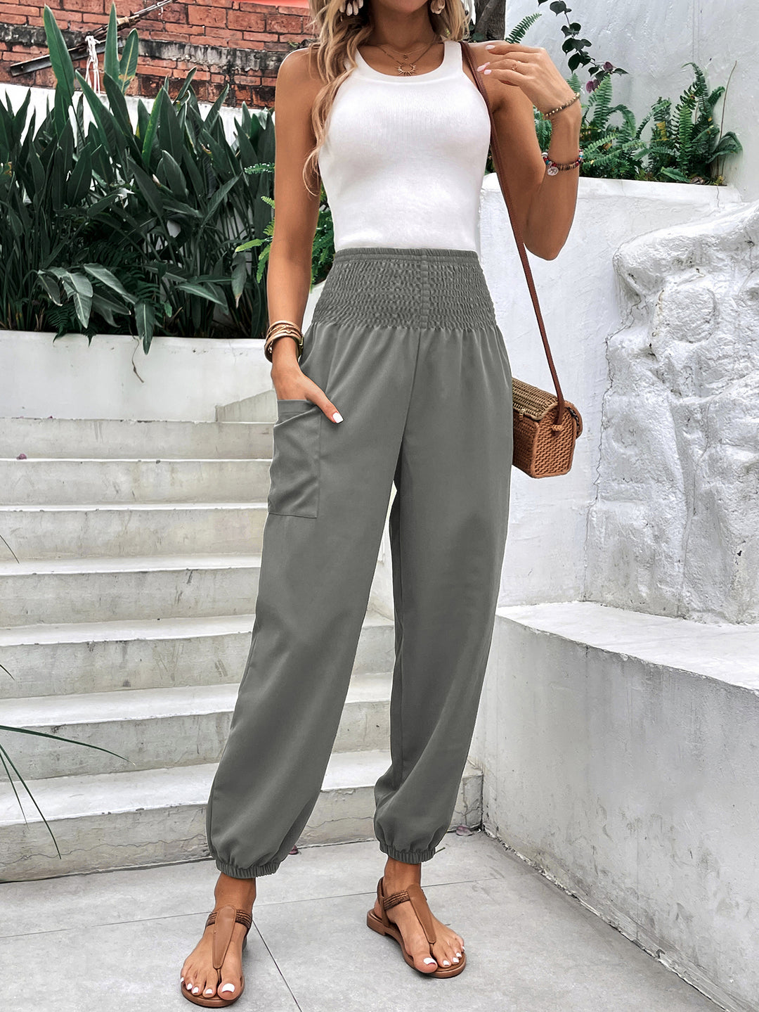 Grey Smoked Waistband Pant