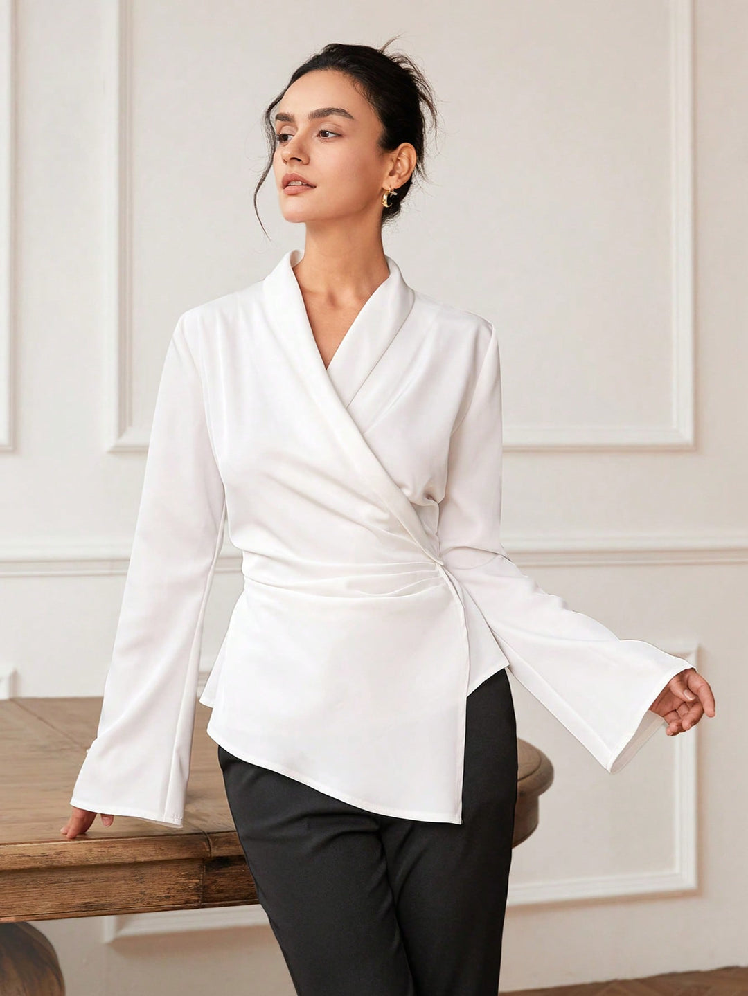 White Bell Sleeve Wrapped Detail Top