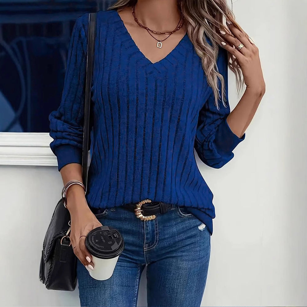 Blue V-Neck Spaced Rib Top