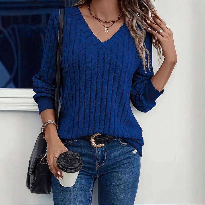 Blue V-Neck Spaced Rib Top