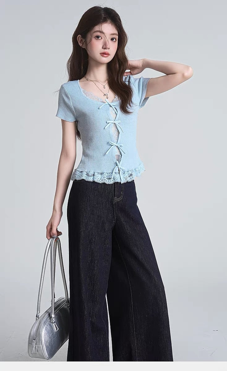 Blue Front Tie Up U Neck Top