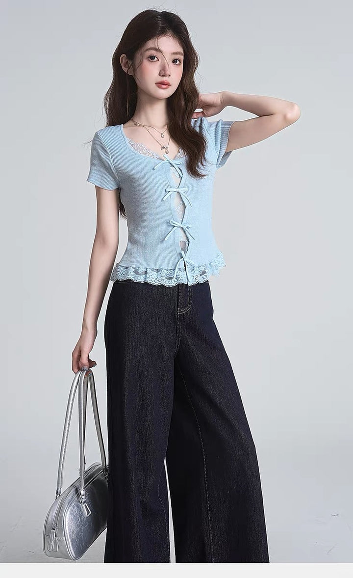 Blue Front Tie Up U Neck Top