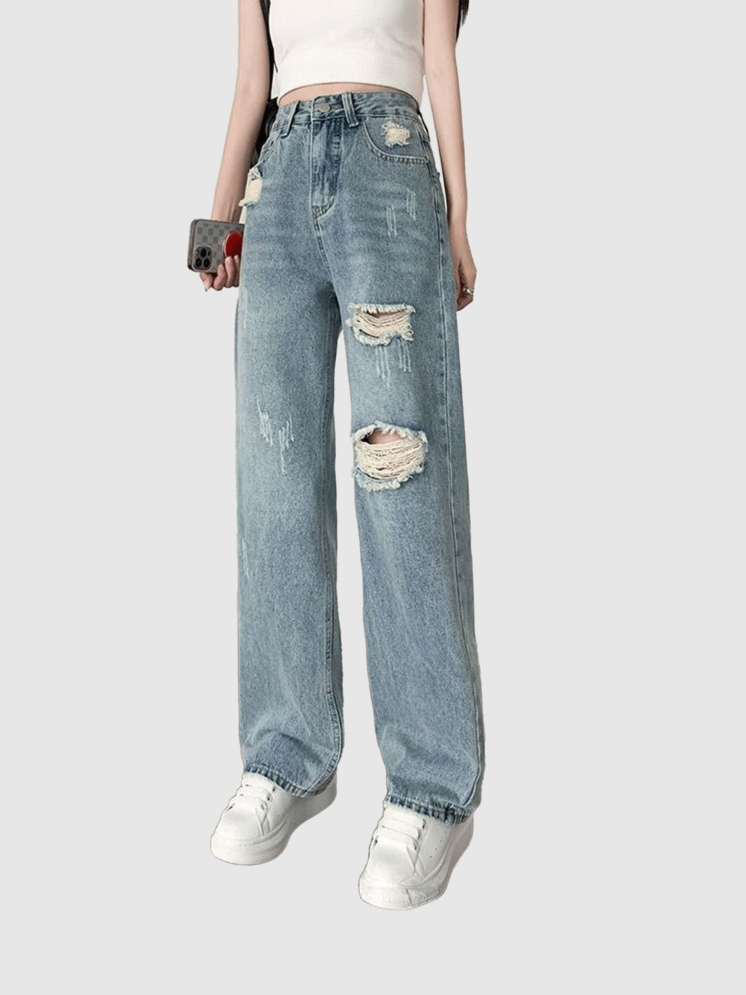 Blue Distressed Straight Denim