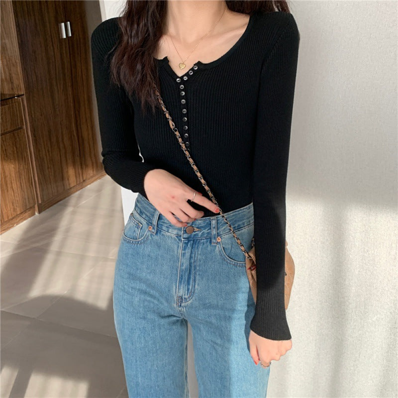 Black Button Down Flat Knit Top