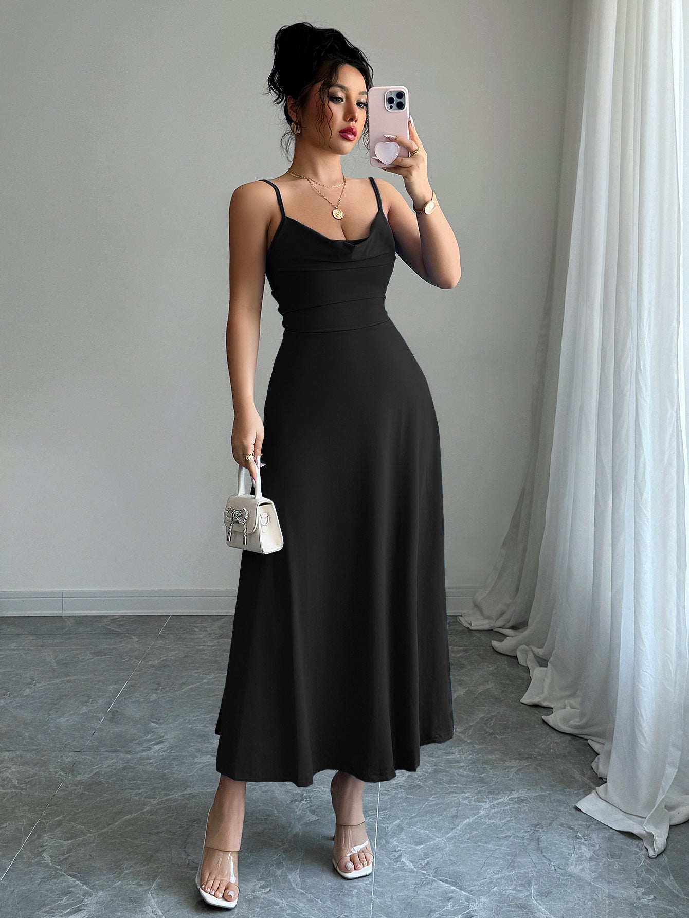 Black Cowl Neck Cinched Fit & Flare Dress