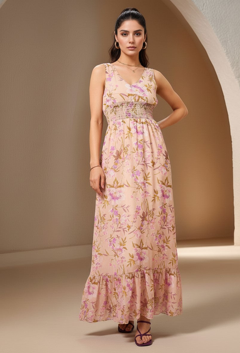 Beige Sleeveless Printed Flowy Dress