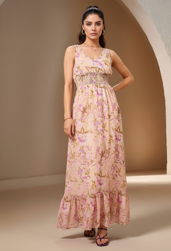 Beige Sleeveless Printed Flowy Dress