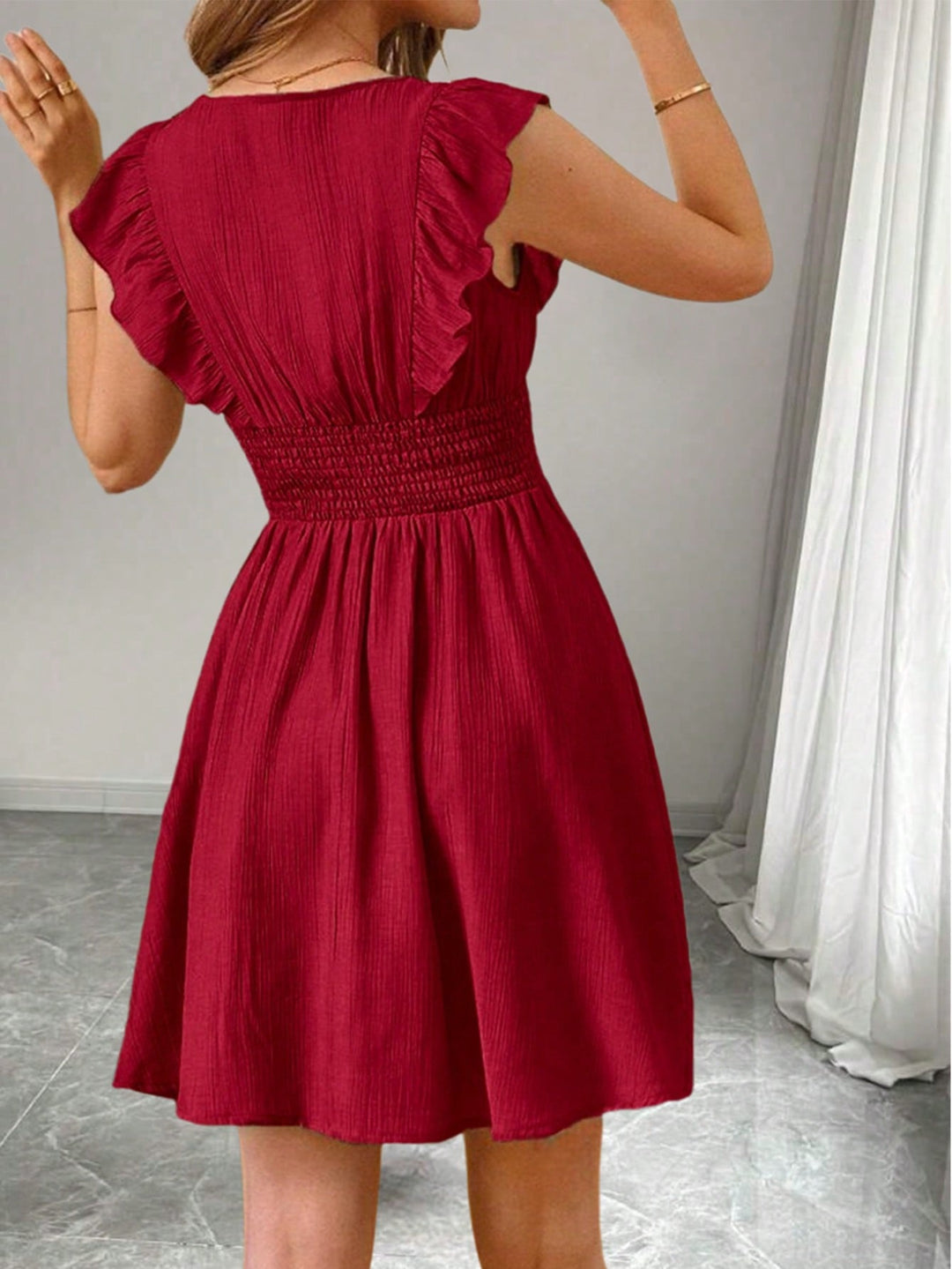 Red Ruffle Sleeve V-Neck Dress