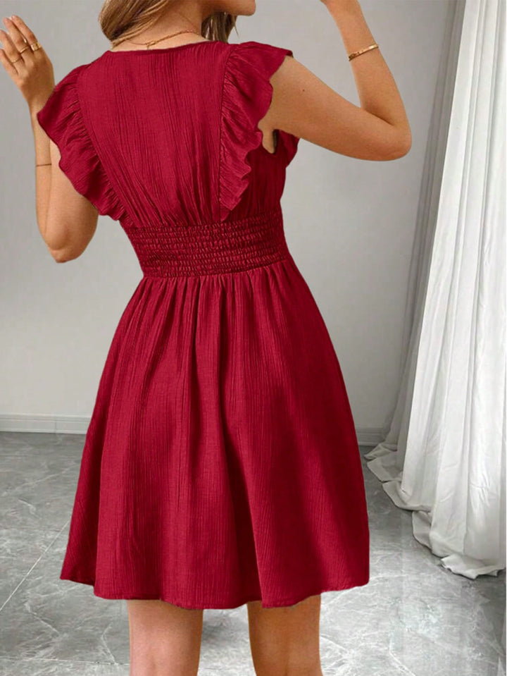 Red Ruffle Sleeve V-Neck Dress