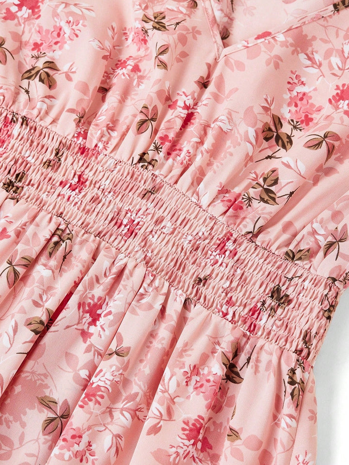 Pink Ruffle Sleeve V Neck Printed Dress