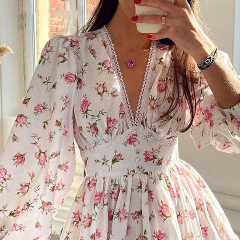 Red V Neck Lace Insert Fit And Flare Dress