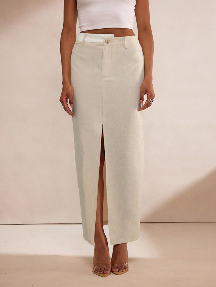 Cream High Waist Front Slit Skirt