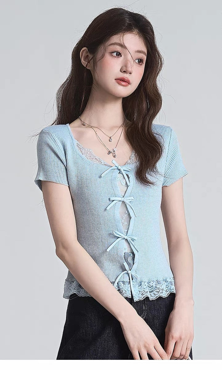 Blue Front Tie Up U Neck Top