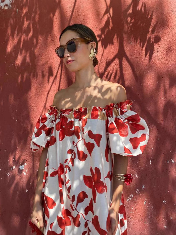 Red Printed Off Shoulder Dress