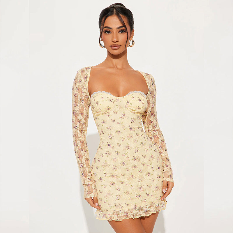 Yellow Placement Print Neck Scarf Sleeveless Maxi Dress
