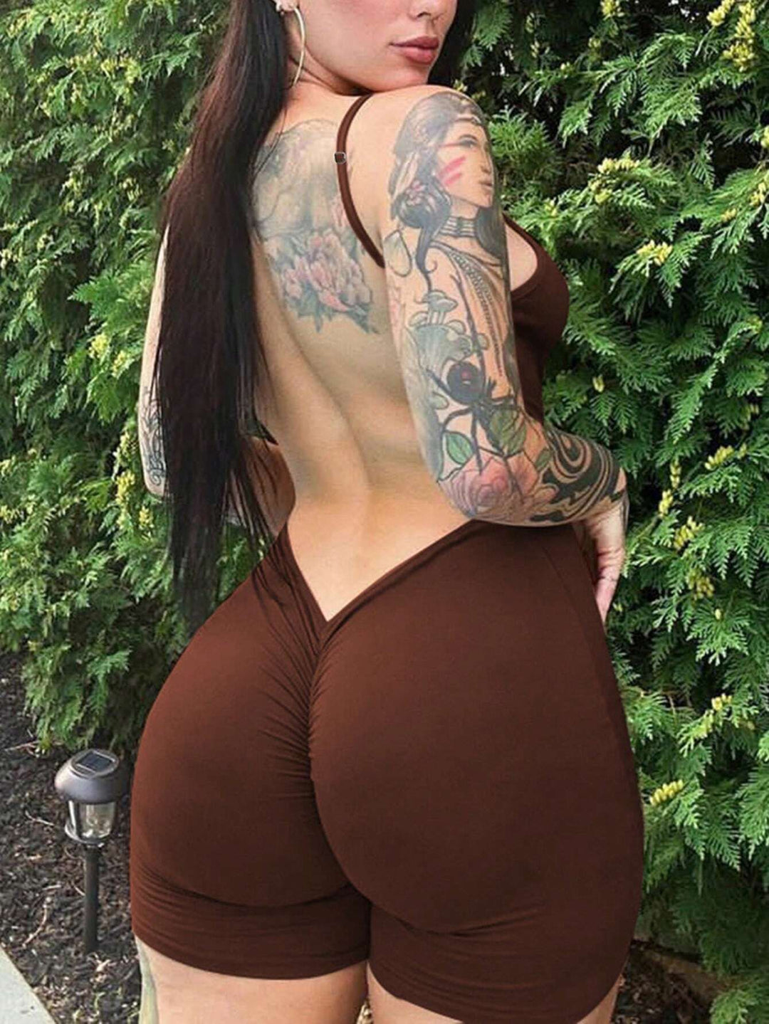 Brown Spaghetti Strap Fitted Romper