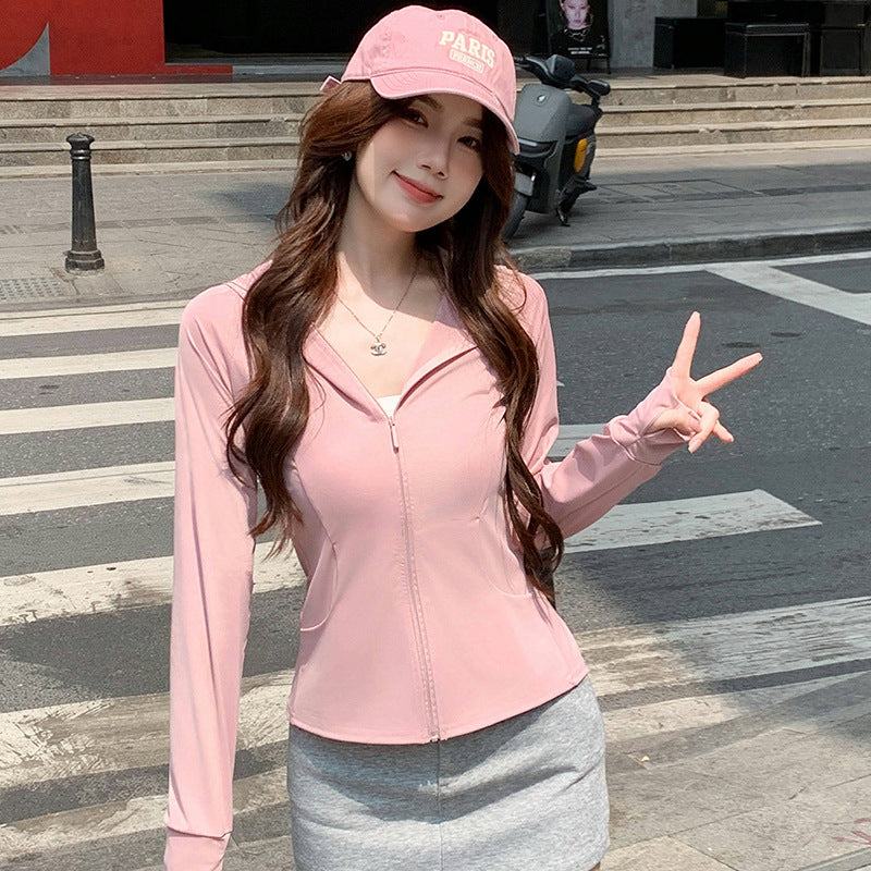 Light Pink  Front Zipper Light Weight Hoodie Sweatshirt With Pockets