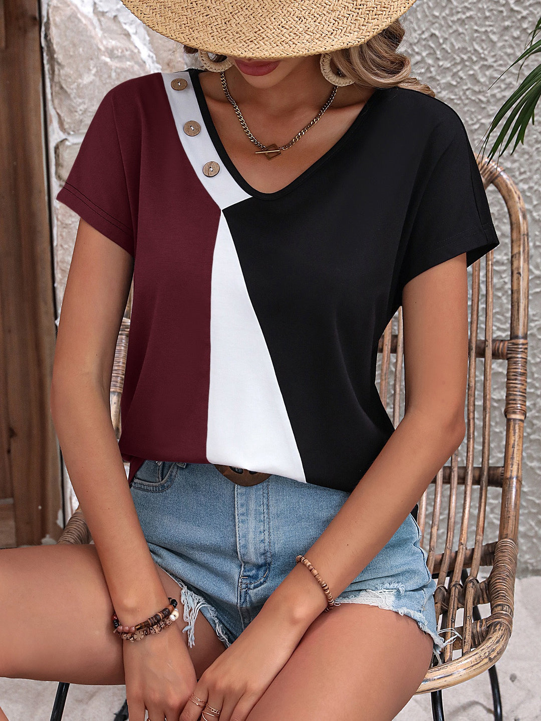 Red Colour Block Neck Detail Top