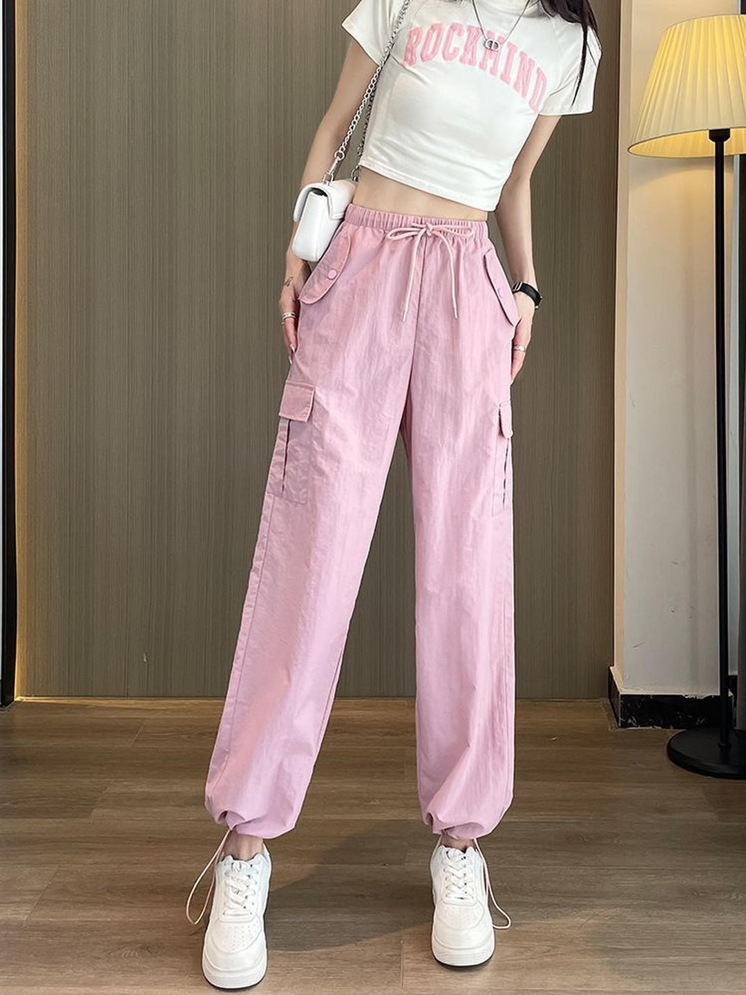 Pink High Waisted Drawstring Cargo Pants