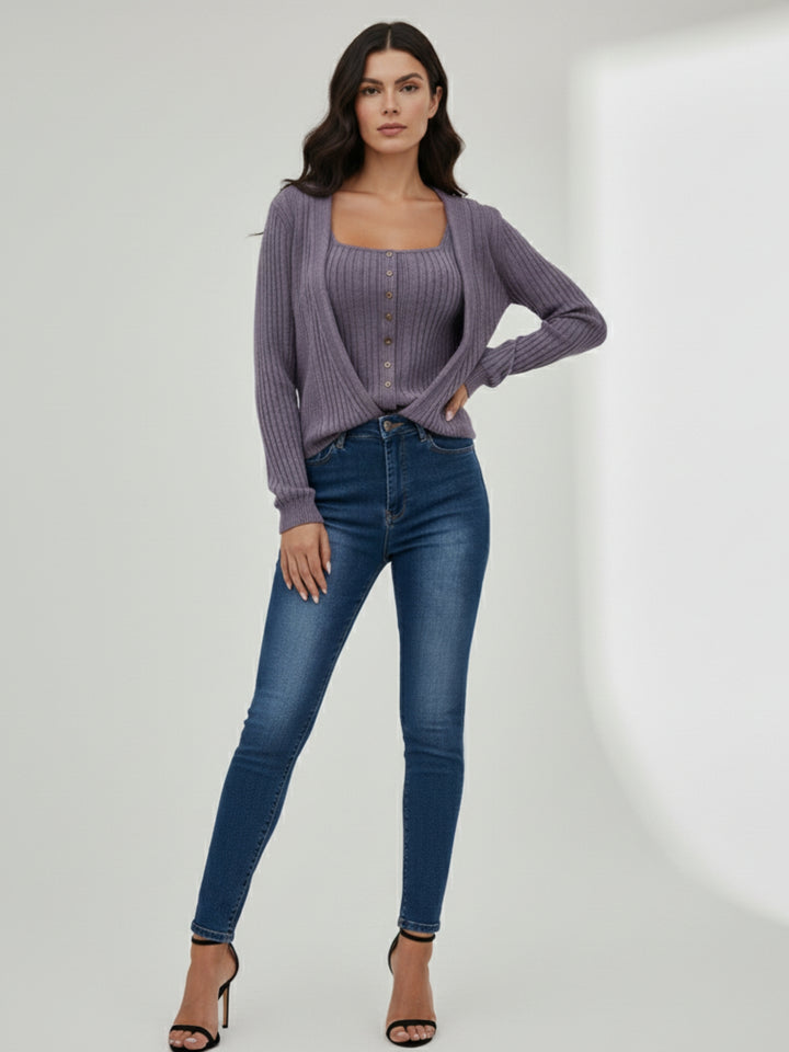 Lilac Textured Button Up Cardigan Styled Sweater